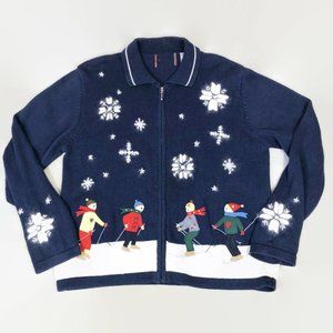 VINTAGE 90s Holiday Christmas Snowflakes Zip Front Cardigan Sweater